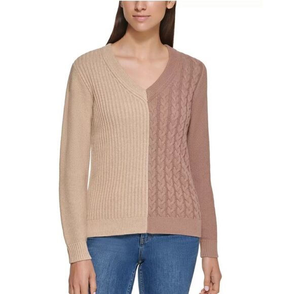 Calvin Klein Colorblocked Mixed Knit V-Neck Sweater - Picture 1 of 2